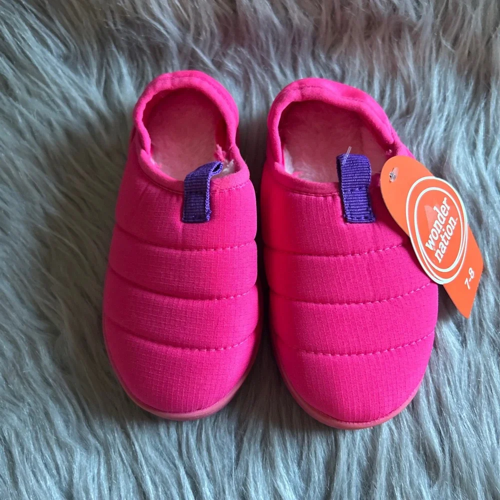 Wonder Nation Puffer Slippers Girl Size 7-8 Pink Plush Fuzzy Lined Slip On Shoes